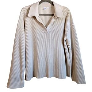 Gap Womens M Chic Ribbed Cotton Polo Sweater Cream V-Neck Long Sleeve Side Slit